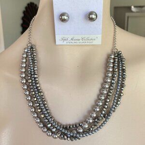 Multi Strand Grey Faux Pearl Necklace & Earrings Set​​